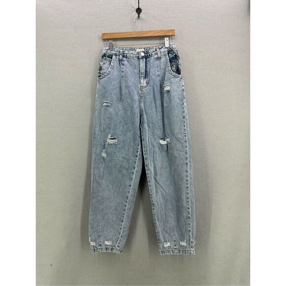 POL Womens Blue Cotton Floral Pockets Sequins Distressed Jeans Size Small - Picture 1 of 9